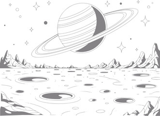 Alien planet landscape with saturn and cratered surface © StockMingle