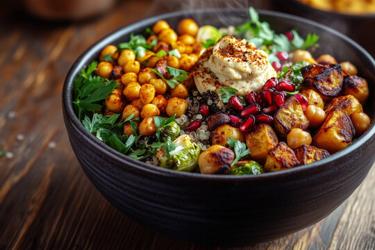 Dark moody vegetarian Buddha bowl with hummus and za'atar