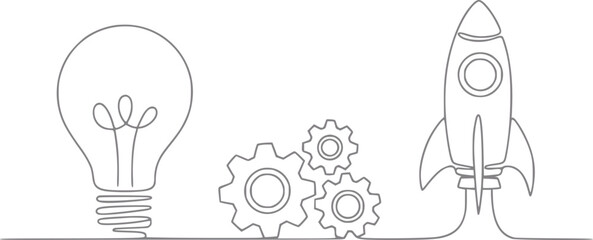 Naklejka premium Lightbulb, gears, and rocket symbolizing innovation, process, and launch