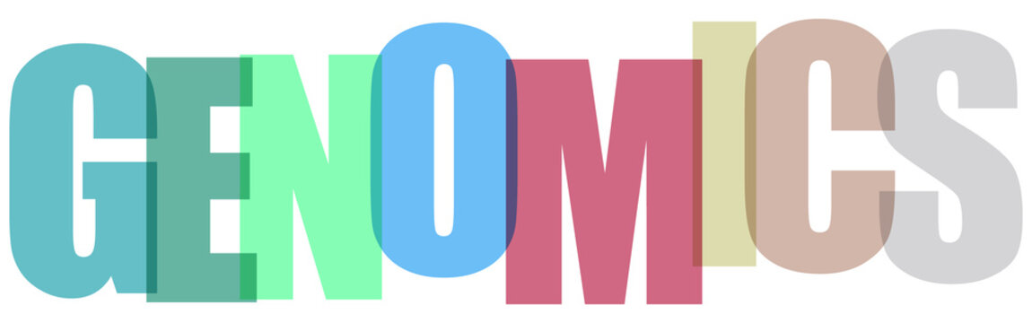 Genomics, biotechnology, colorful word, genetic research, molecular biology