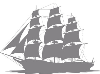 Silhouette of a tall ship with full sails against a white background © StockMingle