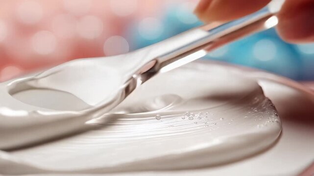 Close up of thick white paste being spread with a palette knife on a flat surface