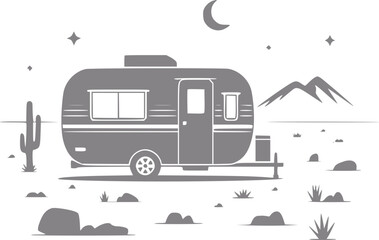Obraz premium Vintage camper in desert landscape under a crescent moon