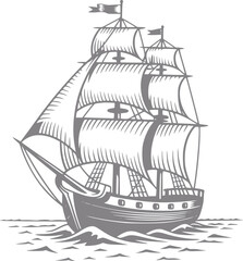 Vintage sailing ship with full sails on a wavy sea © StockMingle