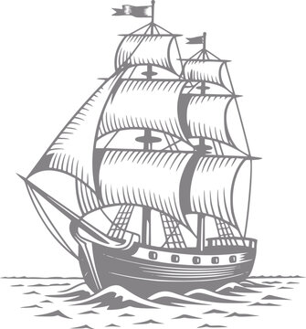 Vintage sailing ship with full sails on a wavy sea
