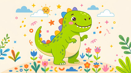 Naklejka premium A smiling green dinosaur standing among colorful flowers and leaves on a sunny day with clouds and stars.