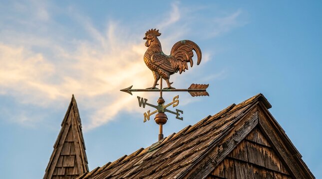 Detailed copper weathervane shaped like rooster mounted on peak of residential roof covered in textured brown cedar shingles, clear blue.