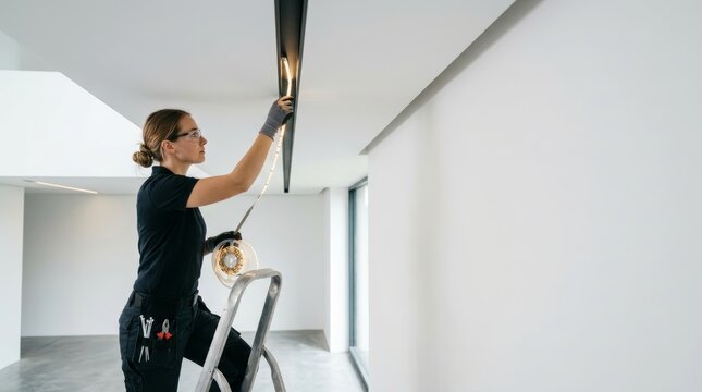Electrician woman installing LED strip light in modern ceiling track. Professional worker on ladder performing interior lighting renovation. Construction and home improvement technology.