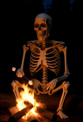 Fototapeta premium Skeleton roasting marshmallows by campfire at night
