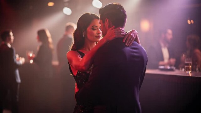 Romantic couple dancing closely under warm soft lighting in an elegant bar setting