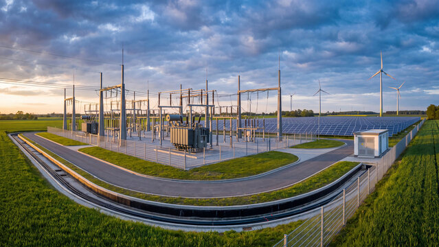 Aerial view of electrical power substation with transformers solar panels and wind turbines at sunset showing renewable energy grid infrastructure clean electricity distribution and sustainable