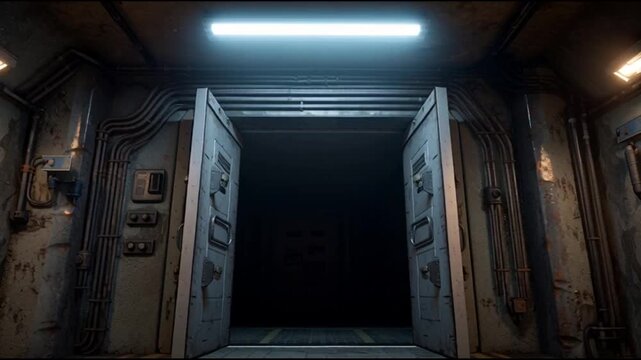 Industrial metal doors opening into a dark futuristic room