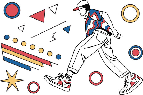 80s Retro Street Culture Vector Set - Breakdancer, Cassette Tape, Boombox, High Top Sneakers, Spray Can for Streetwear, Album Cover Design