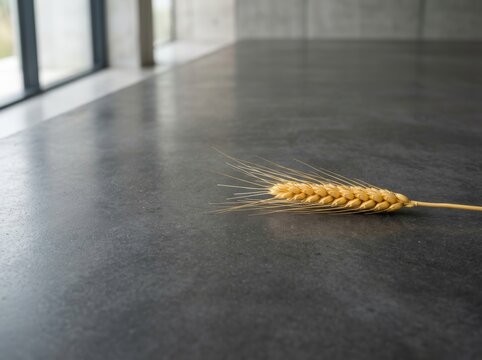 Single golden wheat ear lying on textured gray concrete surface. Minimalist rustic composition representing natural harvest. Concept of bakery ingredients and organic agriculture food.