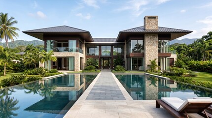 Fototapeta premium Modern tropical villa with twin reflecting pools and stone facade