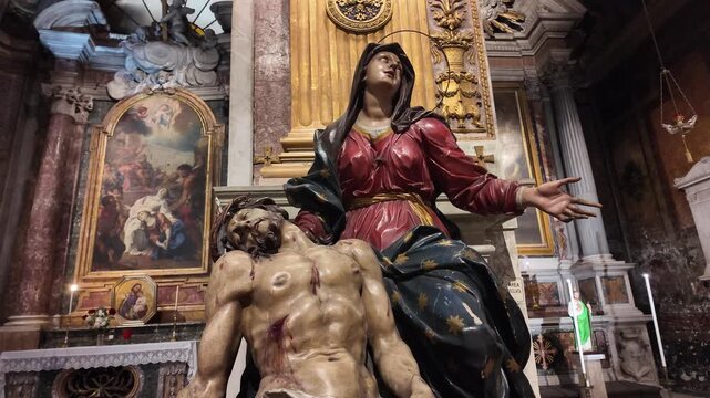 Aesthetic cinematic view of the Pieta sculpture inside San Marcello al Corso