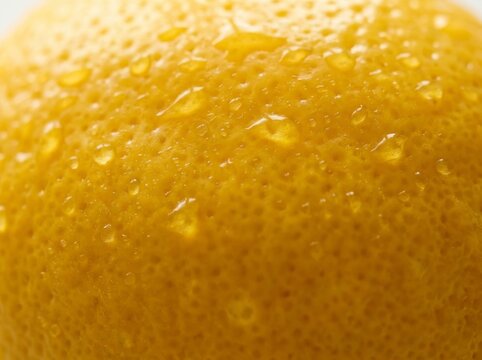 Extreme close-up of fresh lemon peel texture with water droplet. Macro view of yellow fruit skin with dew. Concept of healthy food, organic natural ingredient and citrus freshness.