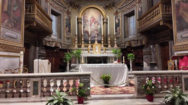 Main altar inside the historic San Marcello al Corso church in Rome Italy