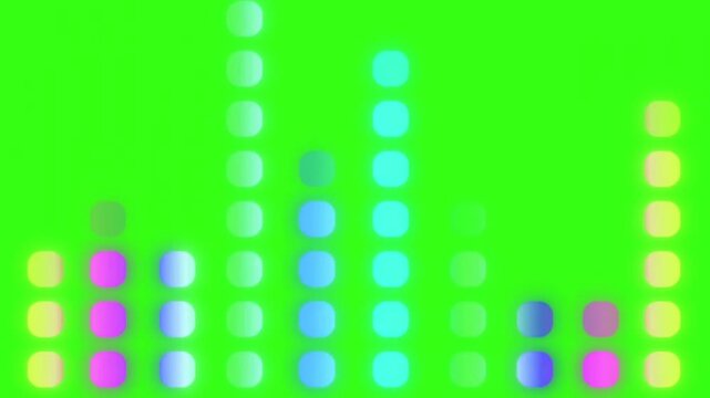 A vibrant and animated audio equalizer visualizer featuring colorful glowing bars that react to sound. The animation is set against a solid green screen (chroma key) background, allowing for easy remo