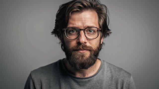 Thoughtful bearded man with glasses wearing grey shirt looking directly into the camera