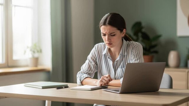 Frustrated young woman sitting at desk with laptop looking worried and stressed in modern workspace
