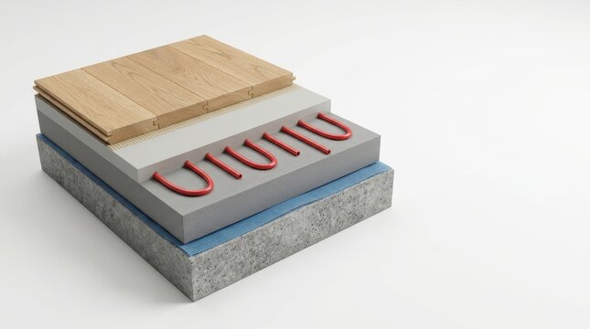 Cross section layer view of residential floor heating system. Construction layers with wooden board, thermal insulation and red pipe loop. Modern home renovation and interior design.