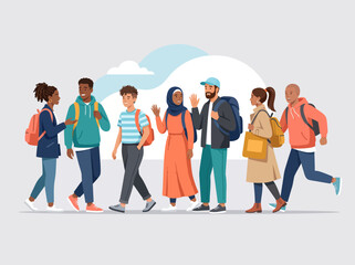 Fototapeta premium Modern Flat Vector Illustration of Diverse University Students Socializing Together
