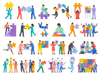 Fototapeta premium Teamwork and Problem Solving with Puzzle Pieces Flat Vector Illustration Collection