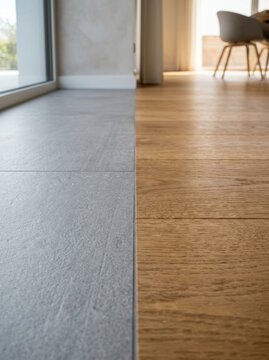 Transition between gray floor tile and brown hardwood parquet board in modern house. Interior decoration material combination. Floor surface renovation and home construction concept.