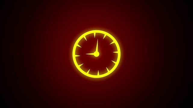 Glowing yellow neon clock animation with fast spinning hands on a dark red background.