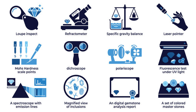 Gemstone vector illustration showing jewelry appraisal instruments and professional diagnostic tools.