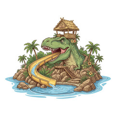 Cartoon dinosaur water slide park with T-Rex, palm trees, and tropical island theme, a fun aquatic attraction for leisure activities. © davis
