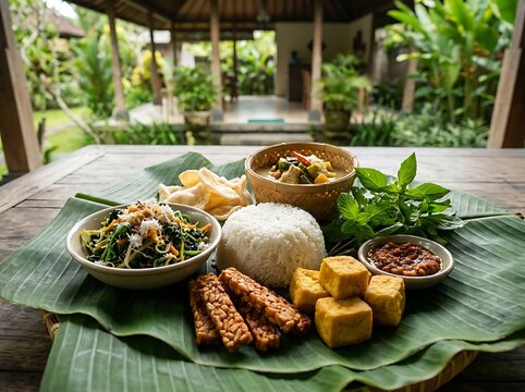Traditional indonesian nasi pecel meal with tofu tempeh and peanut sauce served on a banana leaf in a tropical garden setting. Basic Indonesian Dish