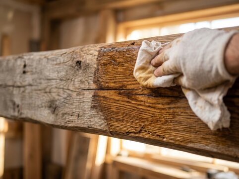Carpenter applying protective stain or oil to rustic wooden beam with cloth. Man restoring old timber in workshop. Craftsman finishing work on natural material, manual labor concept.