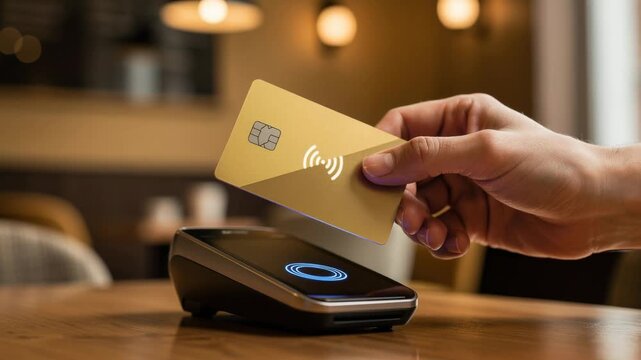 Hand holding gold contactless credit card tapping sleek payment terminal for fast secure cashless transaction