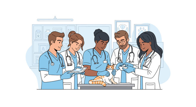 Diverse doctors teamwork at medical consultation vector illustration.