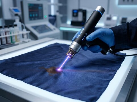 Scientist using portable laser cleaning device to remove stain from fabric surface. Advanced restoration and industrial textile maintenance technology in modern laboratory environment.