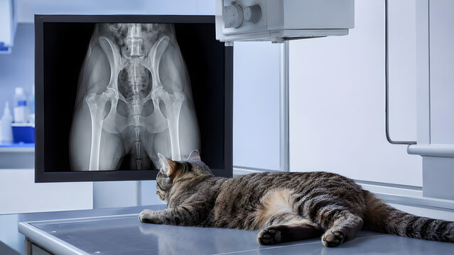 Cat hip dysplasia veterinary radiology image showing early feline hip osteoarthritis on pelvic X-ray in clean animal hospital clinic for pet health education and diagnostic care content