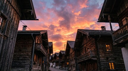 Fototapeta premium A view of a street flanked by traditional houses, set against an evening sky.
