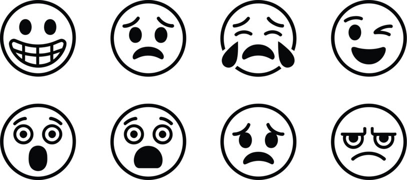Emoji faces icon set, emotional expression symbols, outline reaction icons, smiley faces, communication, social media, messaging, user interface design.