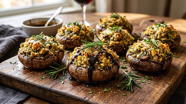 Gourmet stuffed mushrooms overflowing with golden herb breadcrumb mixture, drizzled with rich dark balsamic glaze, fresh rosemary sprigs.