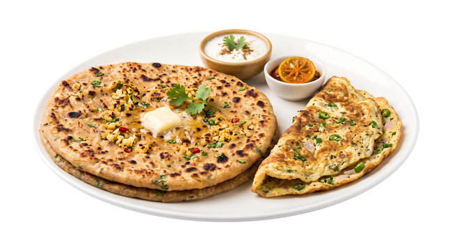 Indian breakfast of hot gobi paratha topped with a melting dollop of butter, served alongside a fluffy green chili masala omelette, curd, and spicy lime pickle isolated on a transparent background 