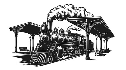 Vintage Steam Locomotive at Historic Train Station with Smoke © Berkah