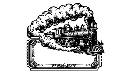 Vintage Steam Locomotive Emitting Smoke, Ornate Frame, Retro Transportation © Berkah