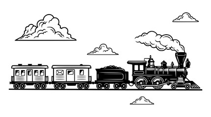 Vintage Steam Train with Passenger Cars and Coal Tender, Black and White Illustration © Berkah