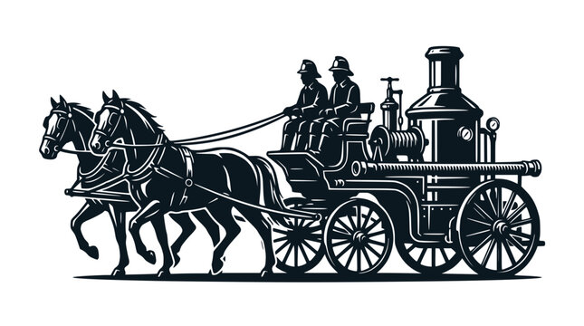 Vintage Horse-Drawn Fire Engine with Firefighters illustration