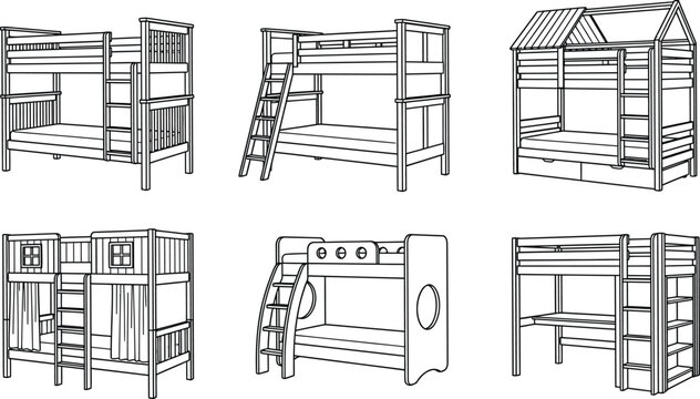Six different bunk bed designs outline vector illustrations for kids bedroom furniture concepts and space-saving solutions