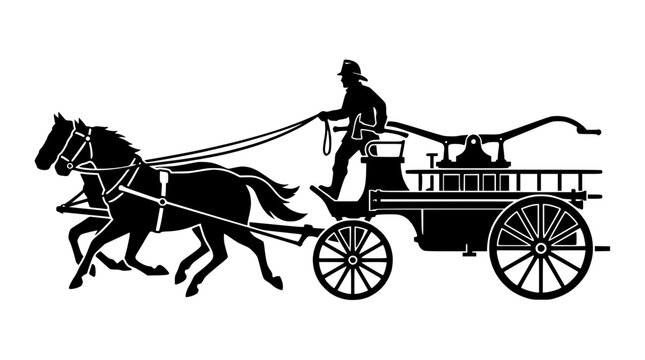 Vintage Horse-Drawn Fire Engine Silhouette with Firefighter