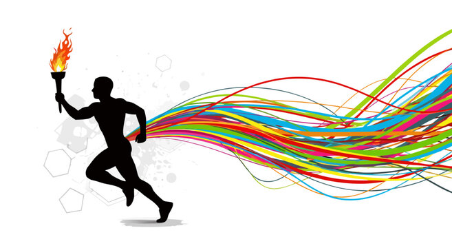 Dynamic athlete runner holding a flaming torch vector illustration with colorful abstract flow lines for creative sports poster design