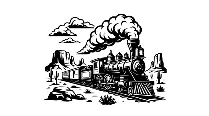 Vintage Steam Train in Desert Landscape, Black and White Illustration © Berkah
